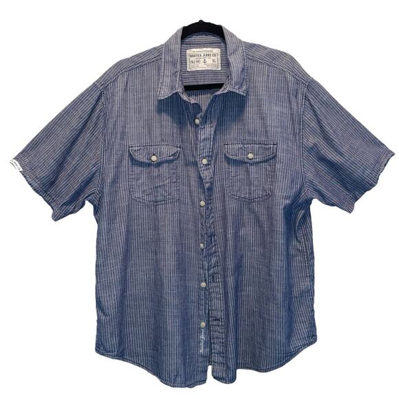 Nautica Jeans Co. Blue Pinstripe Button Front Short Sleeve Shirt size XL - Picture 1 of 8